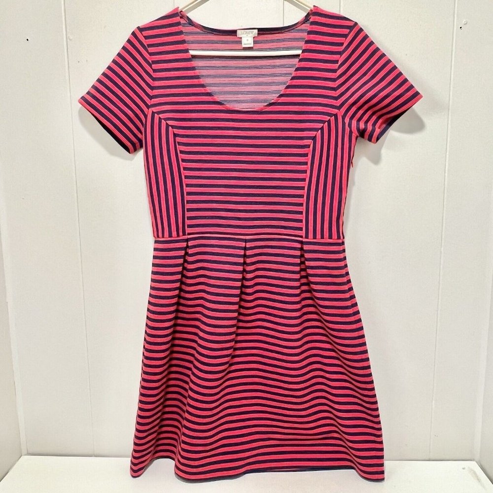 J Crew Red Navy Blue Striped A Line Flare Scoop Neck Short Sleeve Dress Size 8